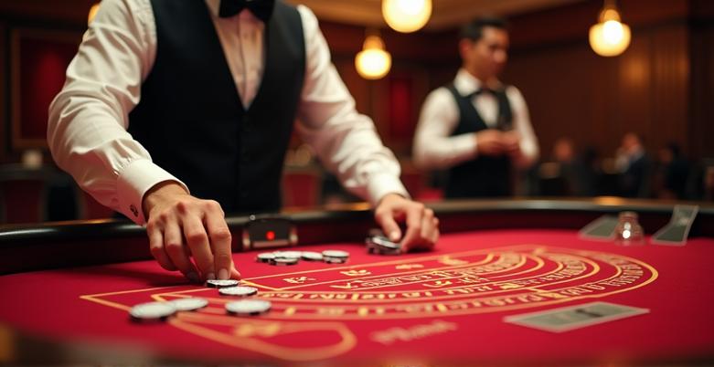 A baccarat table with cards and chips, representing online baccarat in a casino setting